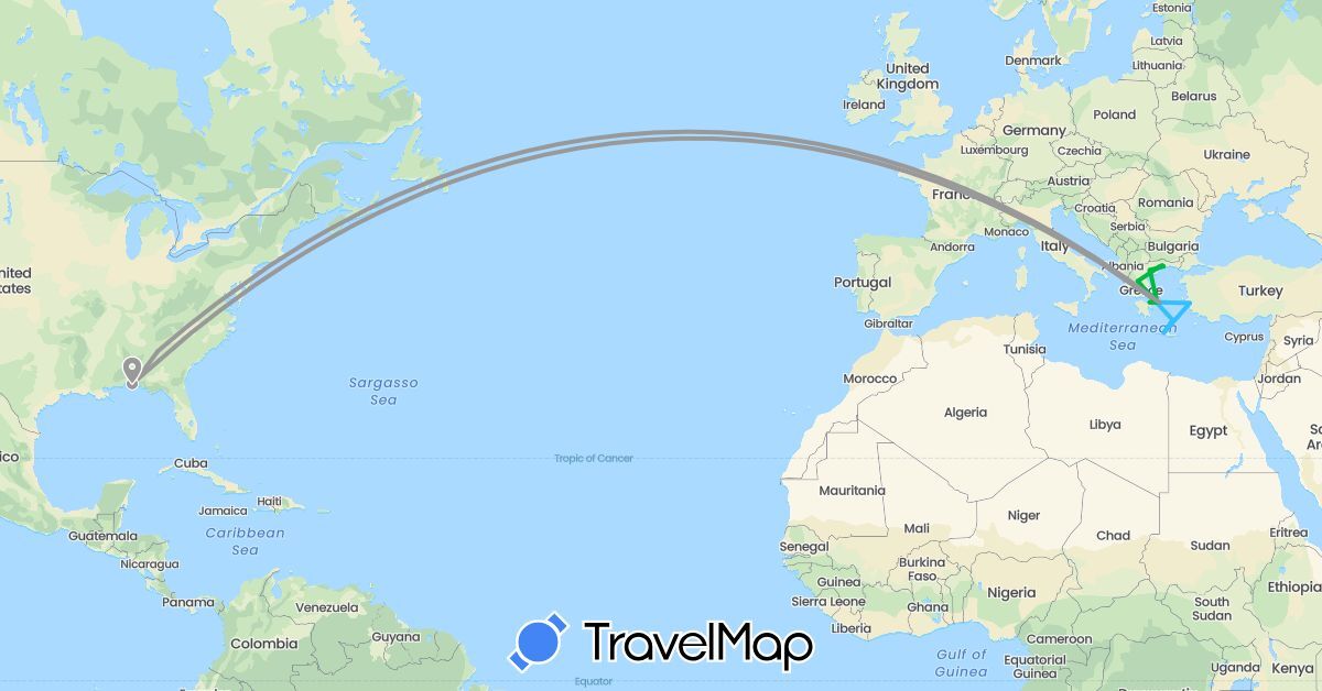 TravelMap itinerary: driving, bus, plane, boat in Greece, Turkey, United States (Asia, Europe, North America)